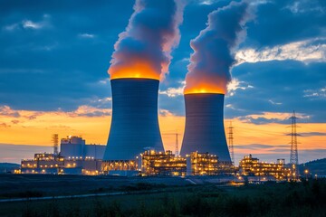 Nuclear Power Plant Cooling Towers at Sunset with Steam Rising