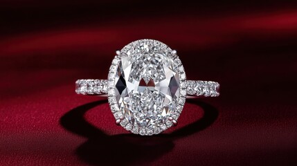 A radiant oval-cut diamond wedding band positioned artistically on a deep maroon surface.