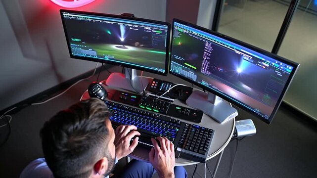 A professional gamer is programming a video game. He is typing on the keyboard, and the screen shows code and a video game