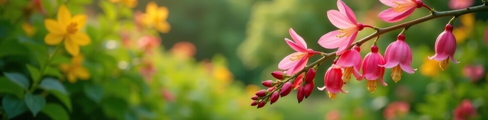 Fototapeta premium Pink bell-shaped flowers on slender green branches in a vibrant garden setting, vibrant, bell-shaped
