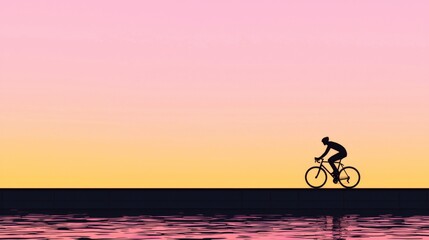 Obraz premium Silhouette of a Cyclist Riding Along a Serene Body of Water at Sunset with Pink and Orange Sky Reflections