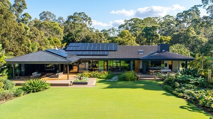 A stylish eco-friendly home with sleek solar panels on the roof, an open-plan design, and a lush green lawn, highlighting energy-efficient architecture.  