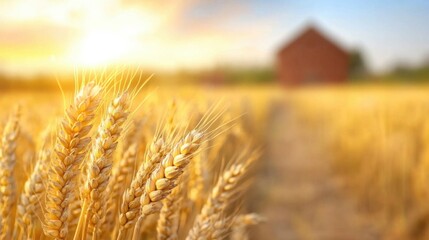 Obraz premium Stunning pastoral scene of a golden wheat field with a traditional red barn in the background set against the backdrop of a vibrant sunset sky