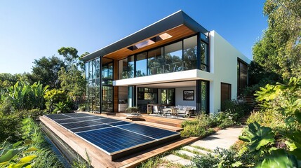A stylish house with solar panels seamlessly incorporated into its minimalist design, surrounded by greenery to enhance its sustainable appeal. 