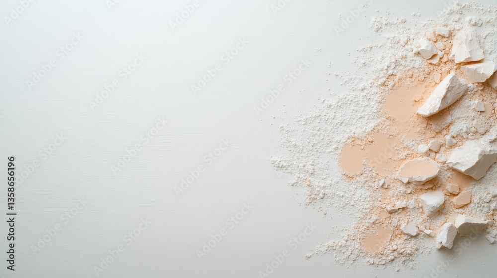 Poster Rocks and fine dust are scattered on a clean white surface, showcasing their textures and arrangement, with soft shadows adding visual depth
