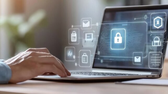 Laptop screen displaying virtual security icons representing data protection  online privacy and access control in a secured digital workspace