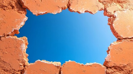 Bright Blue Sky Seen Through Hole In Orange Brick Wall