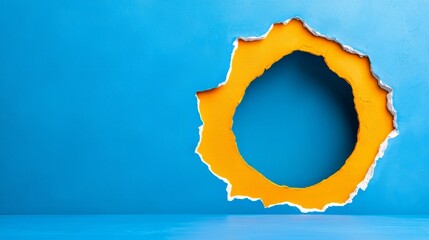 Bright Orange Hole Ripped Through Blue Paper Background