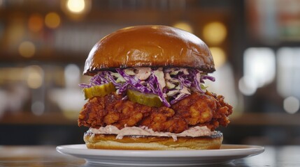 A spicy chicken burger with coleslaw, pickles, and a creamy sauce, served on a toasted bun.