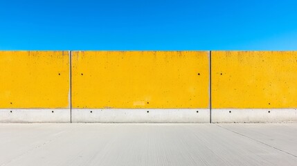 Bright Yellow Concrete Wall Against Blue Sky with Geometric Shapes