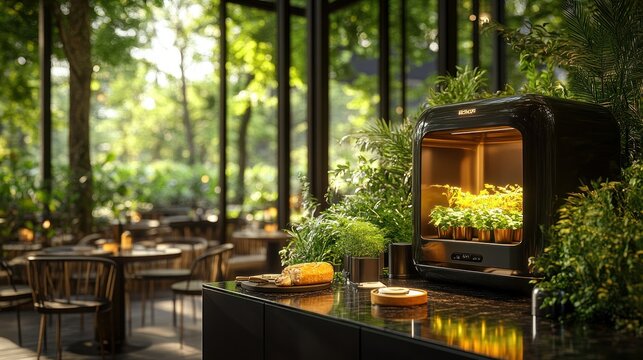 Modern indoor herb garden in a restaurant