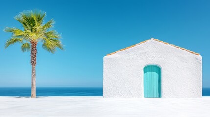 Coastal House with Blue Door and Palm Tree