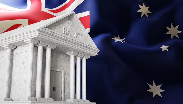Bank building on Australia flag background. Australia economy and business. Federal Reserve Bank