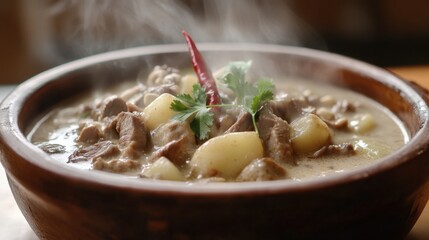 A steaming dish of Thai Massaman curry with slow-cooked beef, potatoes, and peanuts in a rich coconut sauce.