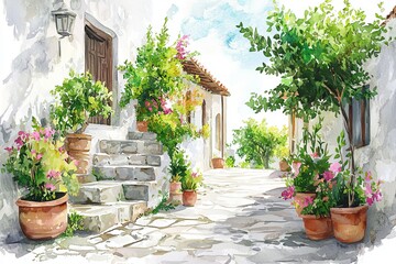Watercolor painting of a peaceful village street with cobblestone paths and potted plants. A soft breeze stirs the leaves, on isolated white background