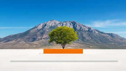 Green Tree In Orange Pot Against Mountain Scenery