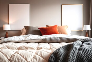 Cozy Bedroom Interior with Blank Art Prints. A stylish bedroom interior featuring a comfortable bed with a soft cream-colored quilt warm-toned throw pillows