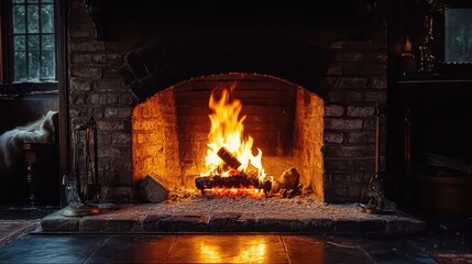 A roaring fire burns in a brick fireplace, radiating warmth and cozy light. Use this inviting image to evoke feelings of comfort, warmth, and relaxation.