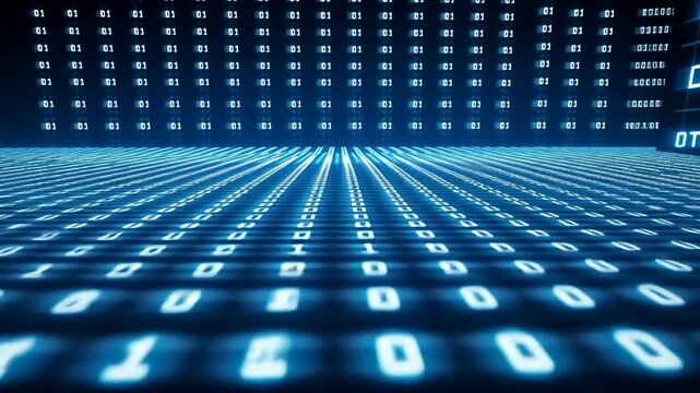 Futuristic digital landscape with binary code flowing across a grid in a tech environment
