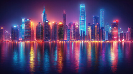 Fototapeta premium A vibrant, futuristic city skyline showcasing towering skyscrapers in a colorful and dynamic setting, symbolizing innovation, progress, and a vision of a bright, sci-fi world