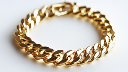 Obraz premium A stylish Cuban link bracelet in solid gold, artistically placed on a clean white backdrop.