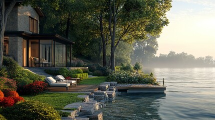 A tranquil lakefront house with a charming garden, a private dock, and breathtaking views of the clear, still water.  