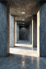 Minimalist concrete hallway with hidden ceiling lights,  background,  urban