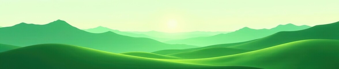 Obraz premium Minimalistic illustration of abstract green landscapes with serene mountains and rolling hills in tranquil backdrop, serene, green