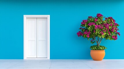 Pink Flowering Plant in Terracotta Pot by a Blue Wall and White Door