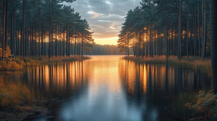 A peaceful lake reflecting the trees and golden sunset colors