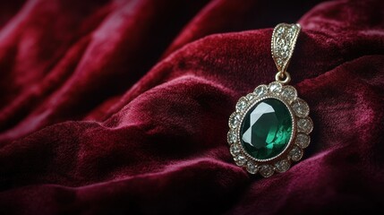 A vintage-inspired emerald pendant resting gracefully on a deep burgundy velvet surface.