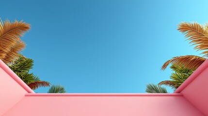 Pink Minimalist Architecture with Palm Trees and Bright Blue Sky