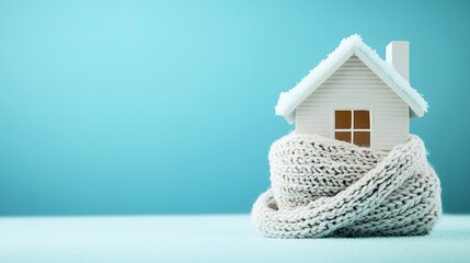 A winterized house concept with a model home wrapped in a thick scarf, contrasting beautifully with a clean blue background, symbolizing warmth and efficiency. 