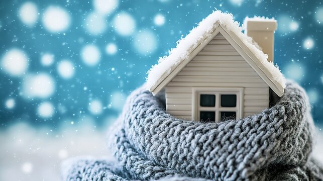 A winterized house concept with a model home wrapped in a thick scarf, contrasting beautifully with a clean blue background, symbolizing warmth and efficiency.  