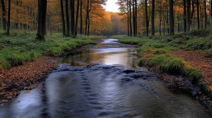 Fototapeta premium A tranquil river flows through a vibrant autumn colored forest scene