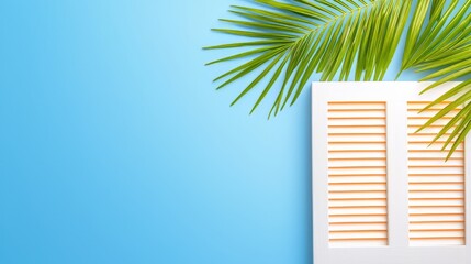 White Shutters And Palm Leaves Against A Bright Blue Background