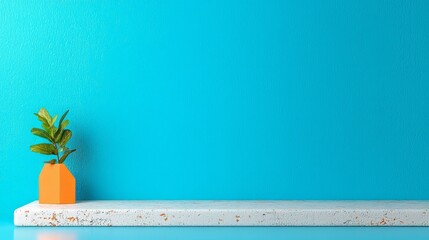 Small Green Plant In Orange Pot On White Shelf Against A Blue Background