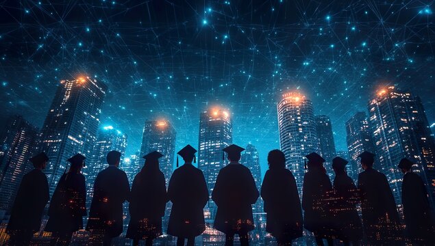 Diverse students and staff in graduation gowns silhouetted against city skyscrapers, digitally connected to virtual knowledge fields, 
