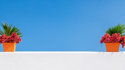 Vibrant Red Flowers In Orange Pots Against A Blue Sky And White Wall