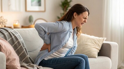 Woman Suffering from Lower Back Pain While Sitting on Couch in Cozy Living Room with Relaxed Atmosphere and Comfortable Decor