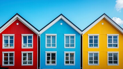 Brightly colored homes in red, yellow, blue, and orange stand side by side, their lively tones shining under a clear and sunny blue sky. 