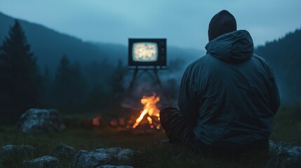 A solitary figure sits by a crackling campfire, gazing at a vintage television set displaying static. The dim twilight envelops the serene landscape, creating a contemplative mood.