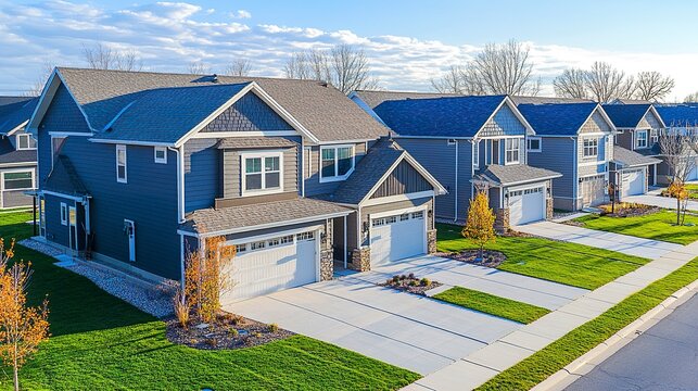 Newly constructed duplex homes in a suburban neighborhood, featuring sustainable materials, individual garages, and landscaped common areas, ideal for multifamily living.  