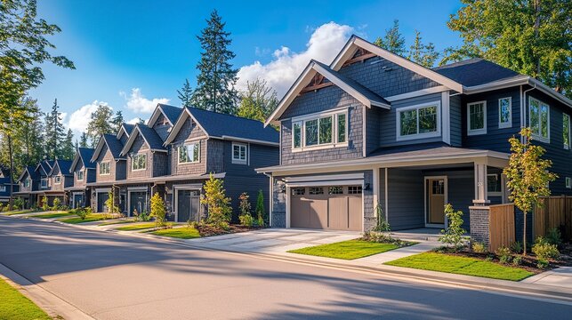 Newly constructed duplex homes in a suburban neighborhood, featuring sustainable materials, individual garages, and landscaped common areas, ideal for multifamily living 