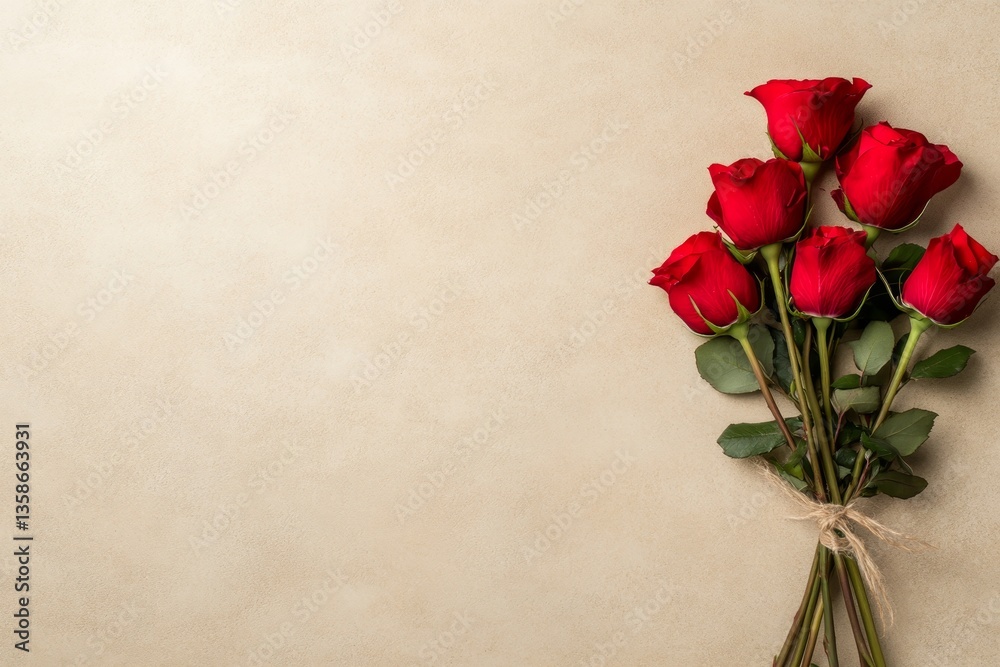 Aufkleber a bouquet featuring red roses and fresh green leaves is beautifully arranged on a neutral beige surf