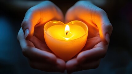 Hands holding a lit heart-shaped candle, casting a warm, orange glow. Perfect for conveying themes of love, hope, and intimate moments.