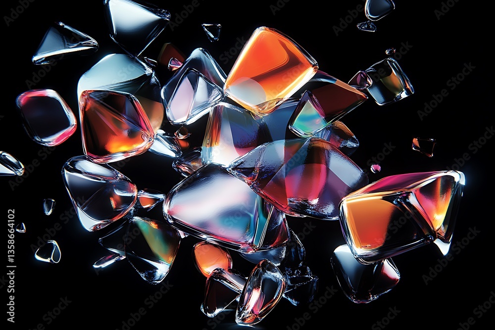 Poster abstract 3d render of shattered colorful glass fragments on black background