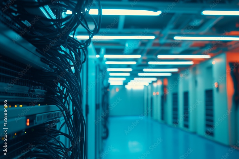 Aufkleber This overhead shot shows an outdated server rack cluttered with tangled cables, illuminated by dim, flickering fluorescent lights in a data center