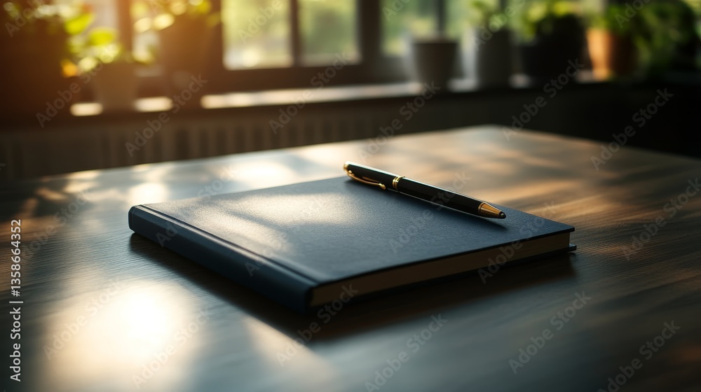 Poster An open notebook lies next to a sleek black pen on a smooth surface. Intricate leaf shadows create patterns in the filtered natural light, enhancing the calm atmosphere
