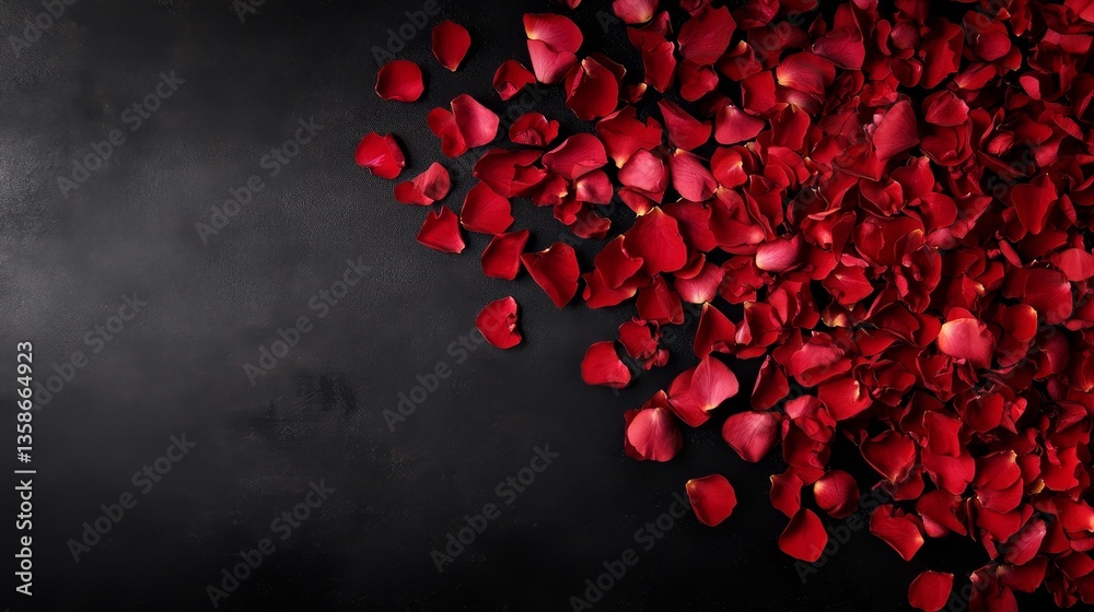 Aufkleber red rose petals are artfully scattered on a dark background, with soft lighting creating highlights 